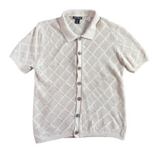 Art of Rhetoric Mens Knit Button Up Shirt Crochet Pointelle Large Beige